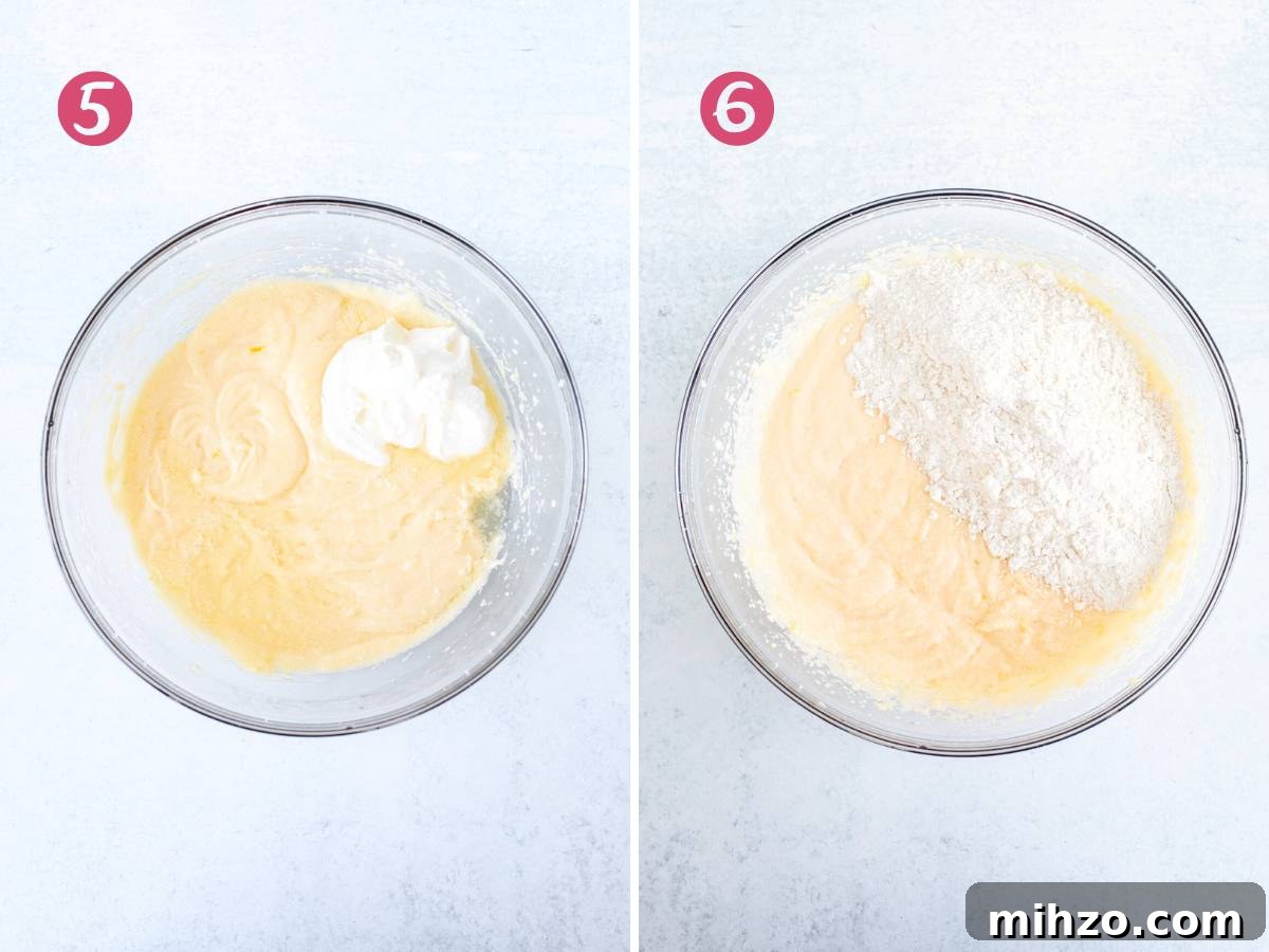 Lemon Coffee Cake Recipe — Moist Citrus Loaf for Brunch 7 Sour cream and lemon juice added to cake batter, and bowl of dry ingredients added to cake batter