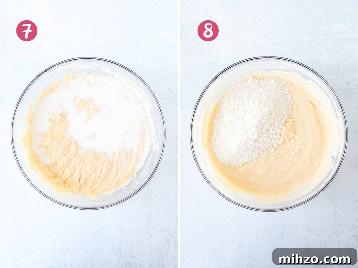 Lemon Coffee Cake Recipe — Moist Citrus Loaf for Brunch 8 Bowl of cake batter with milk added into the bowl, bowl of cake batter with flour added