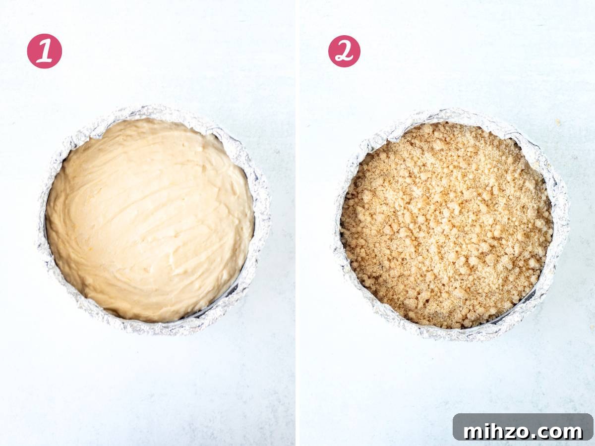 Lemon Coffee Cake Recipe — Moist Citrus Loaf for Brunch 9 Springform pan with unbaked lemon cake, and springform pan with unbaked lemon cake with streusel topping
