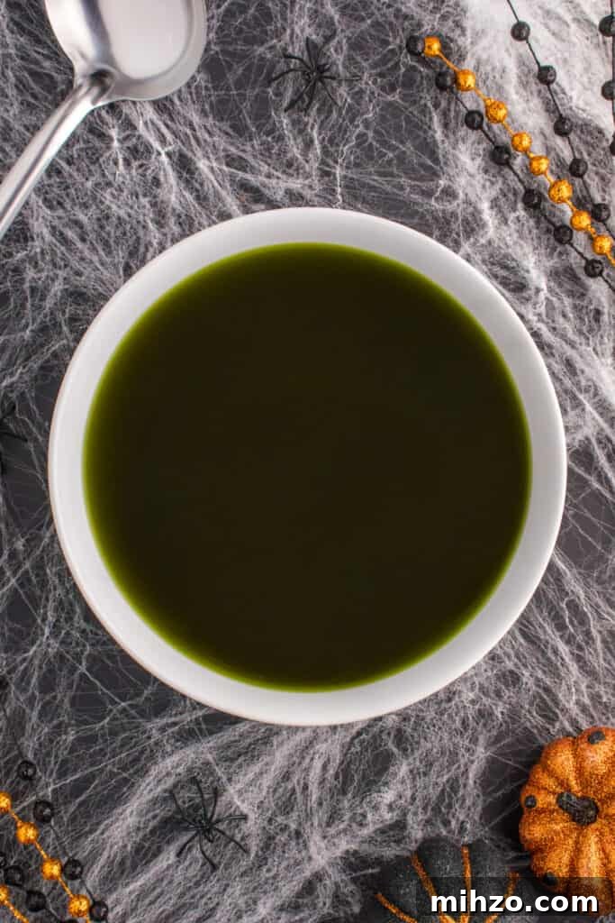 Toxic Waste Punch Recipe: How to Make a Neon Party Drink 12 Finished bowl of dark green Toxic Waste Punch on a black background decorated with spiderwebs, spiders, beads, and pumpkins.