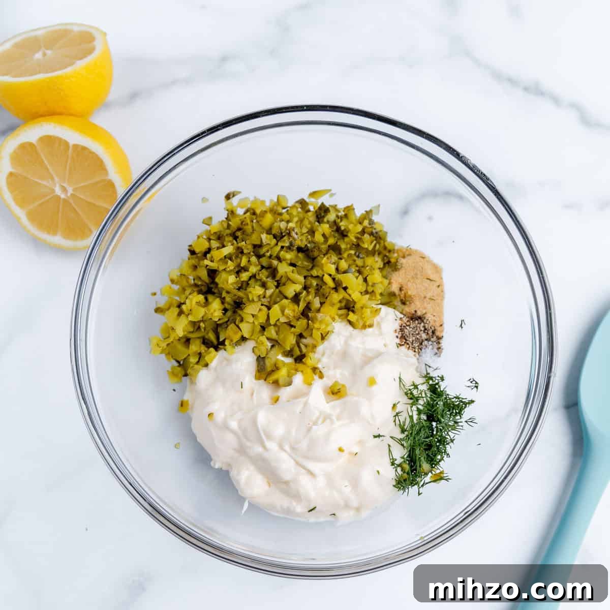 Creamy Homemade Tartar Sauce for Seafood 3 Ingredients for tartar sauce in a bowl