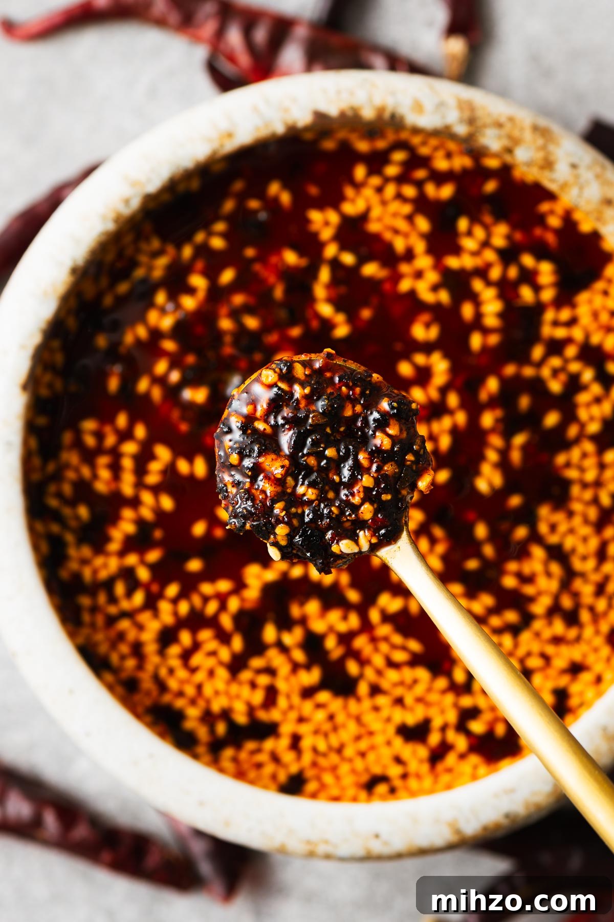 Close-up of a spoonful of crispy salsa macha also known as Mexican chilli crisp.
