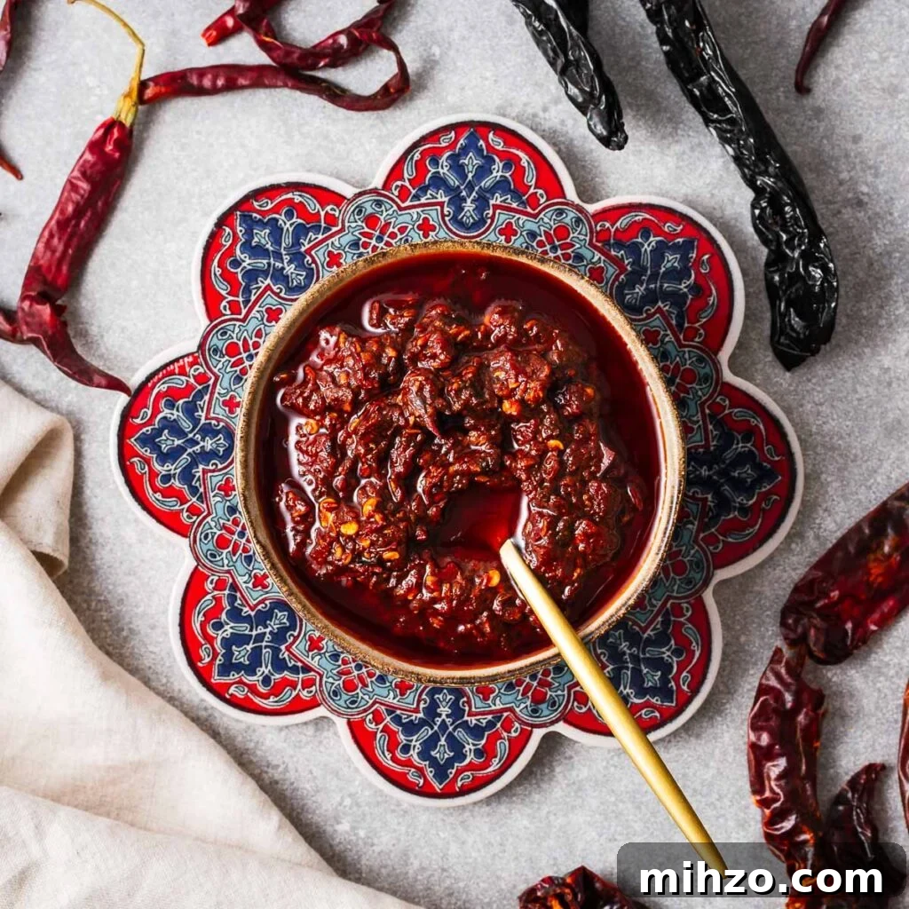 Homemade harissa paste in a small bowl surrounded by different types of dried chile peppers.