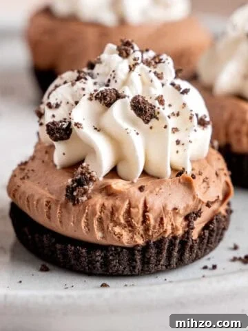 No-bake mini chocolate cheesecakes topped with whipped cream and crushed Oreo cookies.