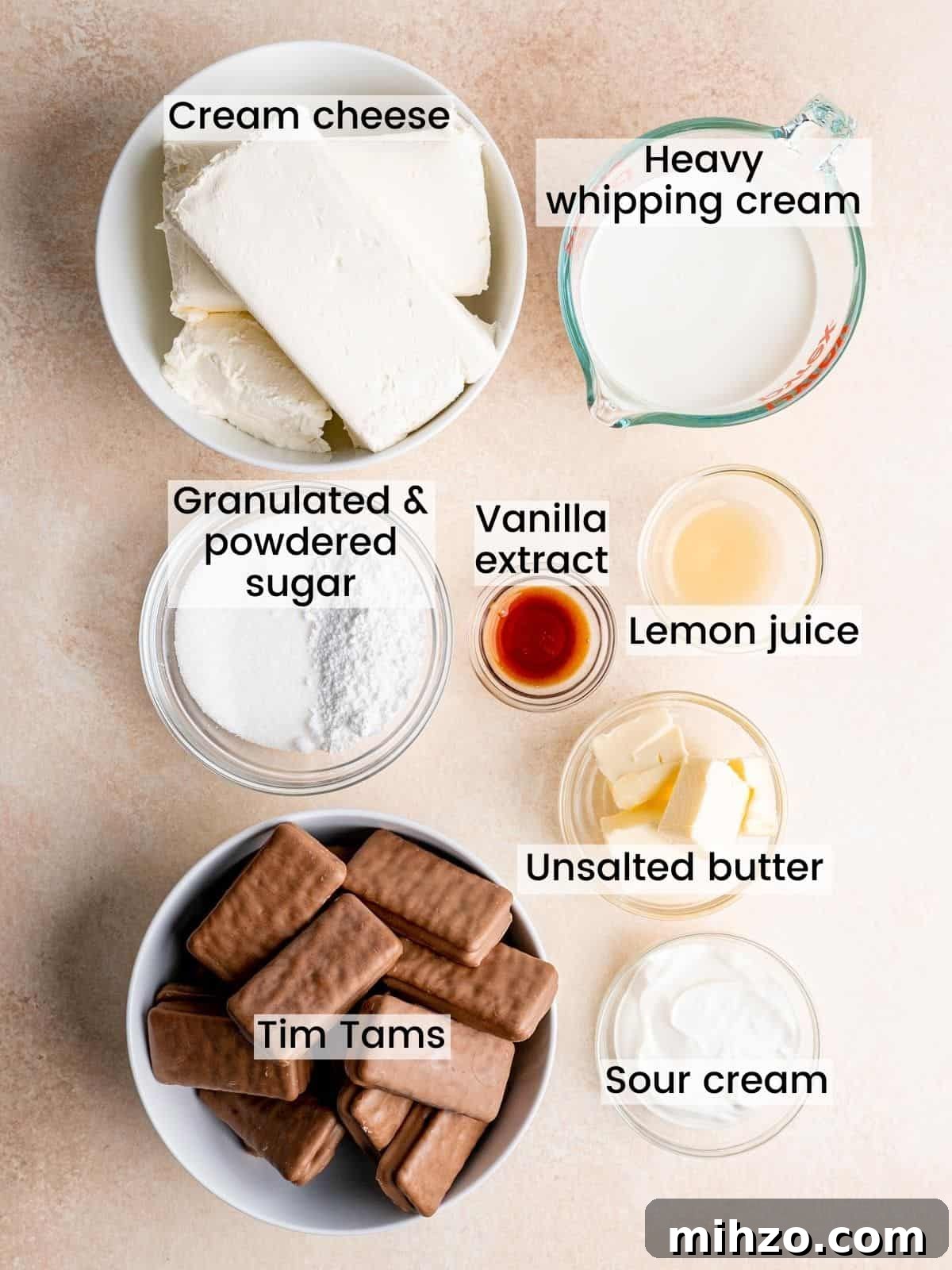 Decadent Tim Tam Cheesecake Recipe You’ll Love 3 Tim Tam Cheesecake ingredients labeled