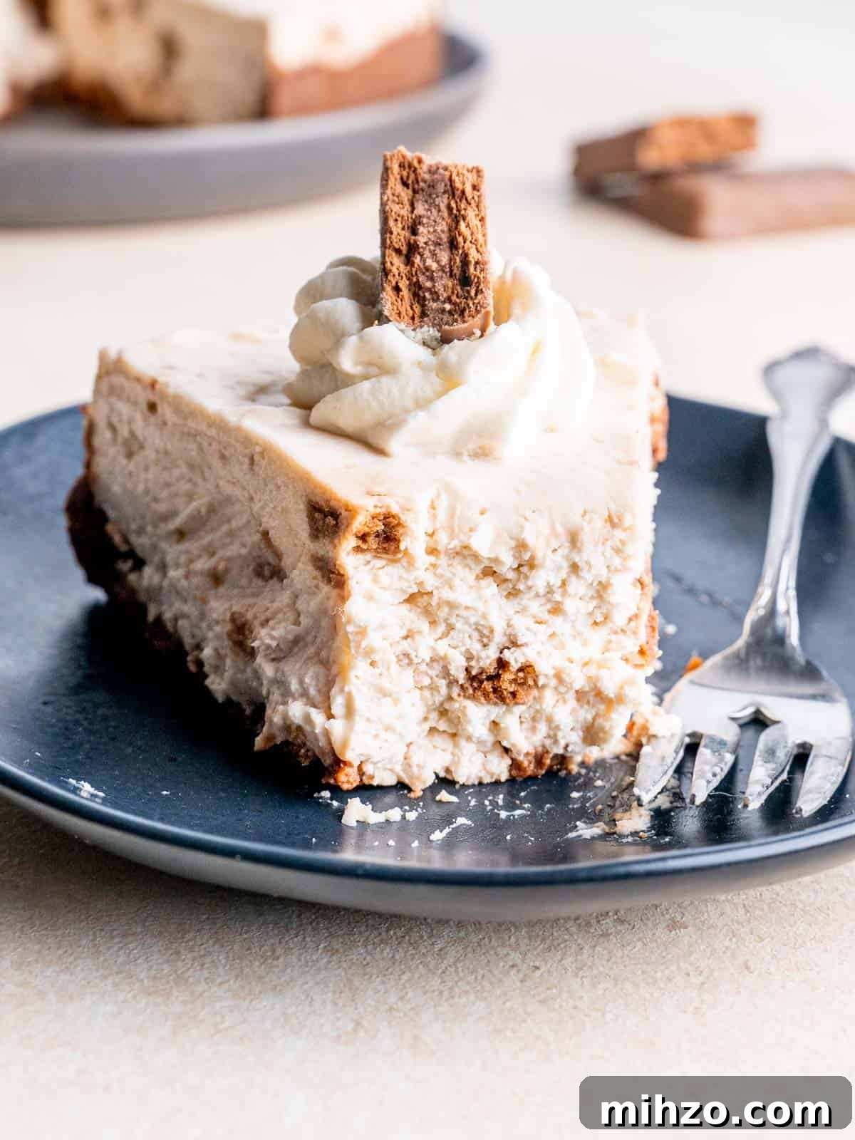 Decadent Tim Tam Cheesecake Recipe You’ll Love 5 a close up of Tim Tam Cheesecake with a bite taken out of it