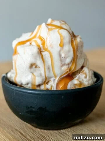 Apple cheesecake ice cream in a bowl with caramel sauce drizzled on top.