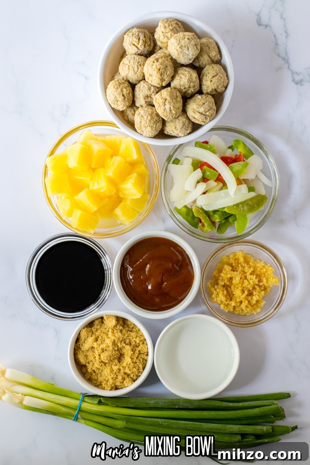Slow Cooker Hawaiian-Style Pineapple Meatballs 4 bowls of meatballs, pineapple, peppers and onions, bbq sauce, soy sauce, garlic, brown sugar, vinegar and green onions