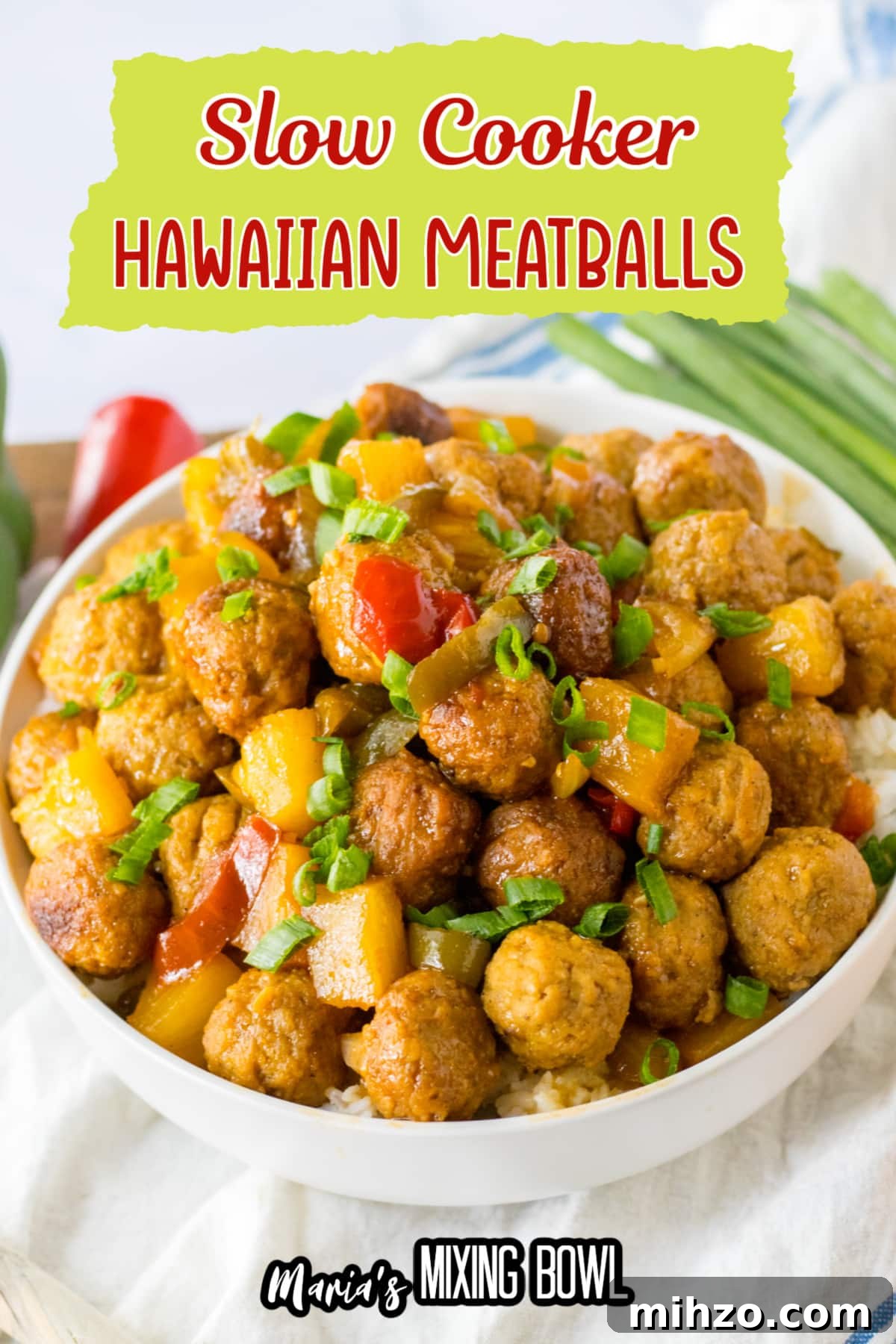 Slow Cooker Hawaiian-Style Pineapple Meatballs 9 white bowl filled with hawaiian meatballs on top of a bed of rice