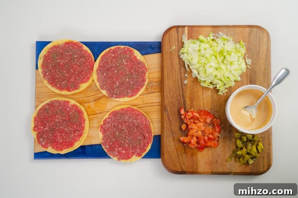 All of the Smash Burger Tacos ingredients laid out on the counter.