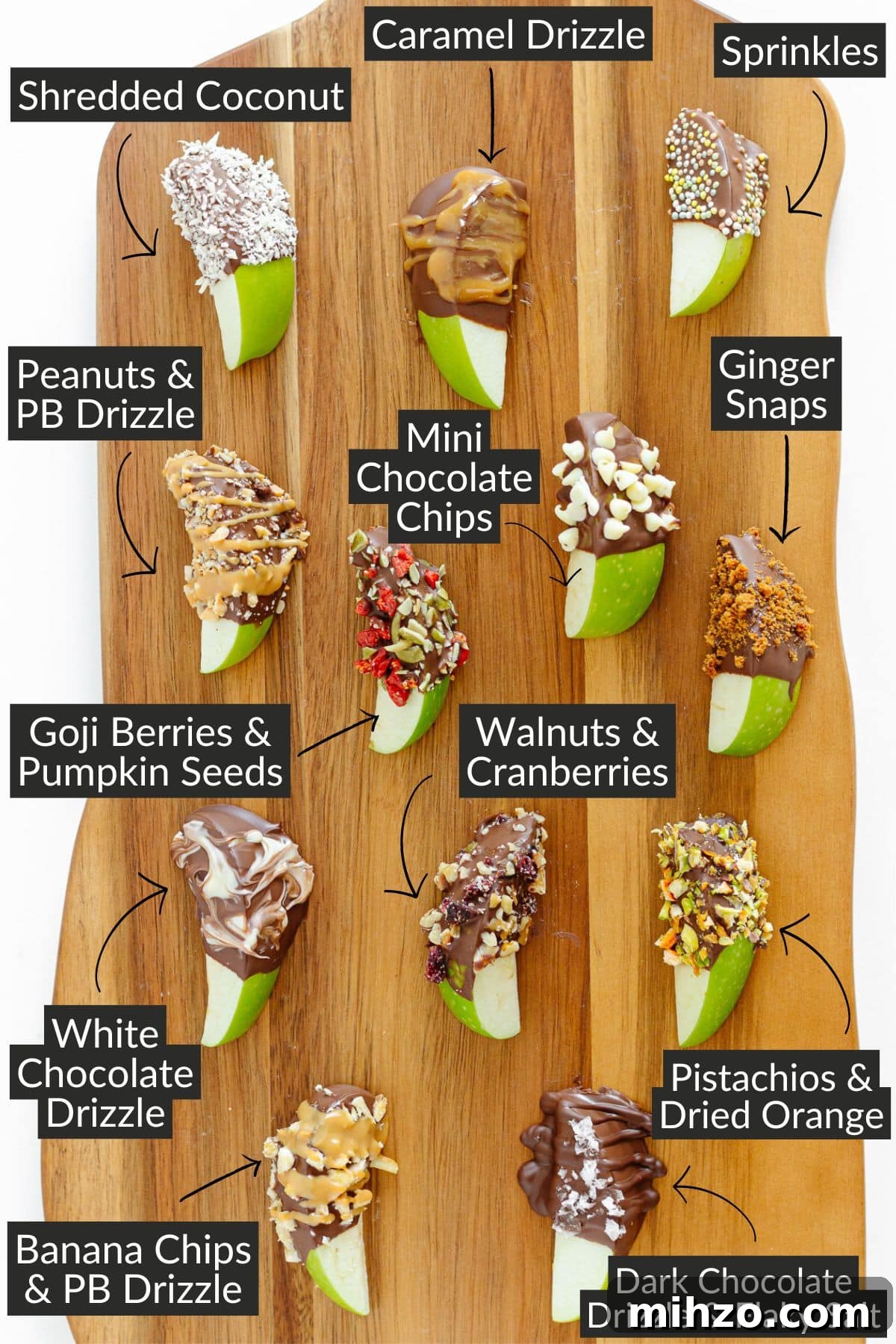 Chocolate-Dipped Apple Slices for Snacks & Parties 10 Labelled photo showing chocolate dipped apple slices with different types of toppings on a wooden board.