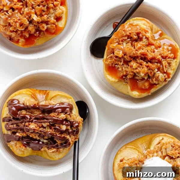 Chocolate-Dipped Apple Slices for Snacks & Parties 14 Four small bowls of cheesecake stuffed baked apple halves with different toppings.
