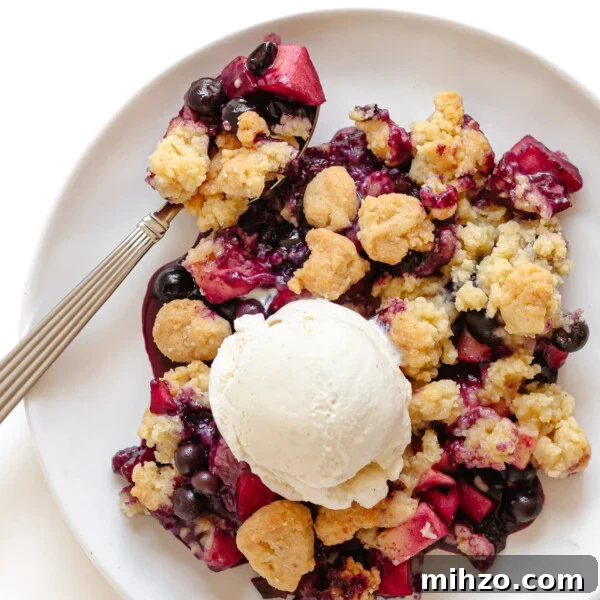 Chocolate-Dipped Apple Slices for Snacks & Parties 15 Blueberry and apple crumble on a white plate with spoon and a scoop of vanilla ice cream on top.