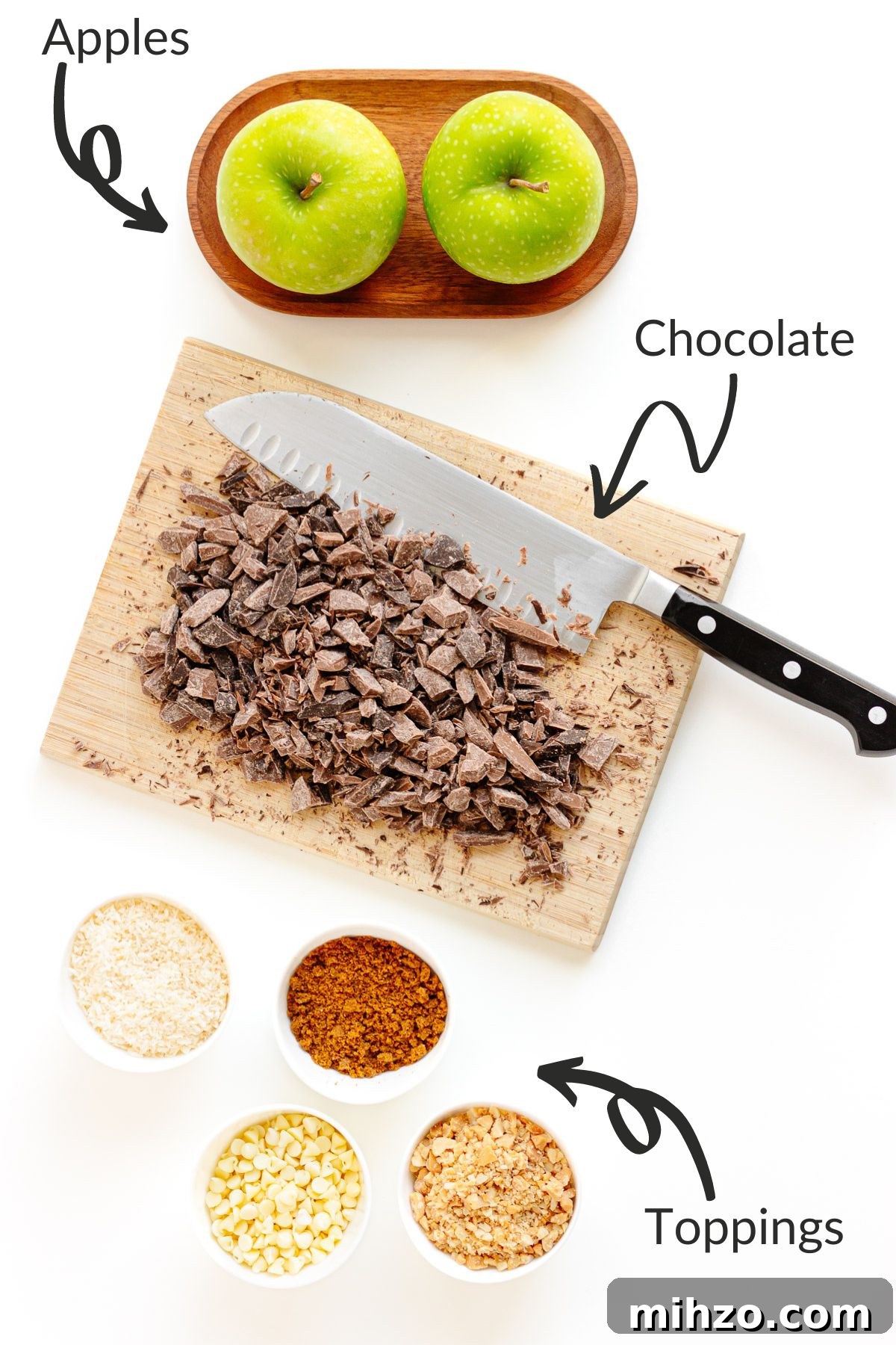 Chocolate-Dipped Apple Slices for Snacks & Parties 4 Labelled photo of ingredients needed to make chocolate dipped apple slices.
