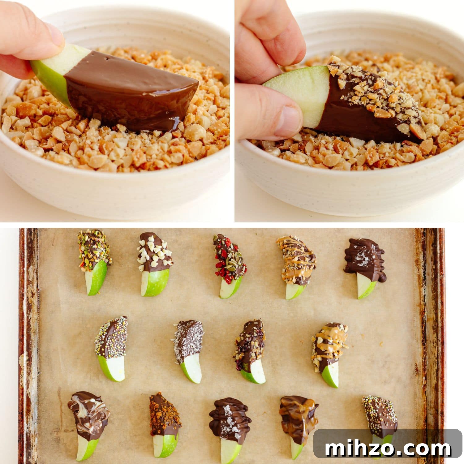 Chocolate-Dipped Apple Slices for Snacks & Parties 8 Photo collage showing toppings being added to chocolate dipped apple slices.