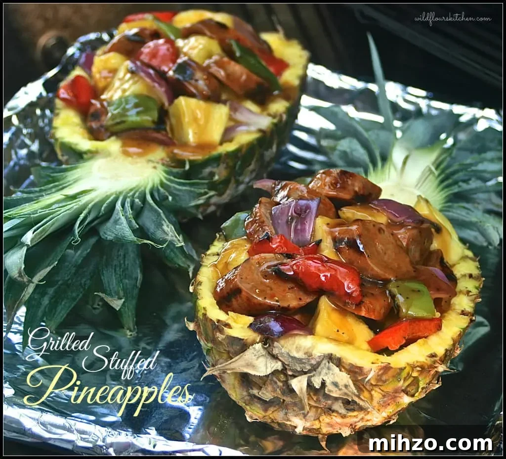 Grilled Stuffed Pineapple with Sausage, Peppers, Poppy Seed Sauce 2 grilled stuffed pineapples