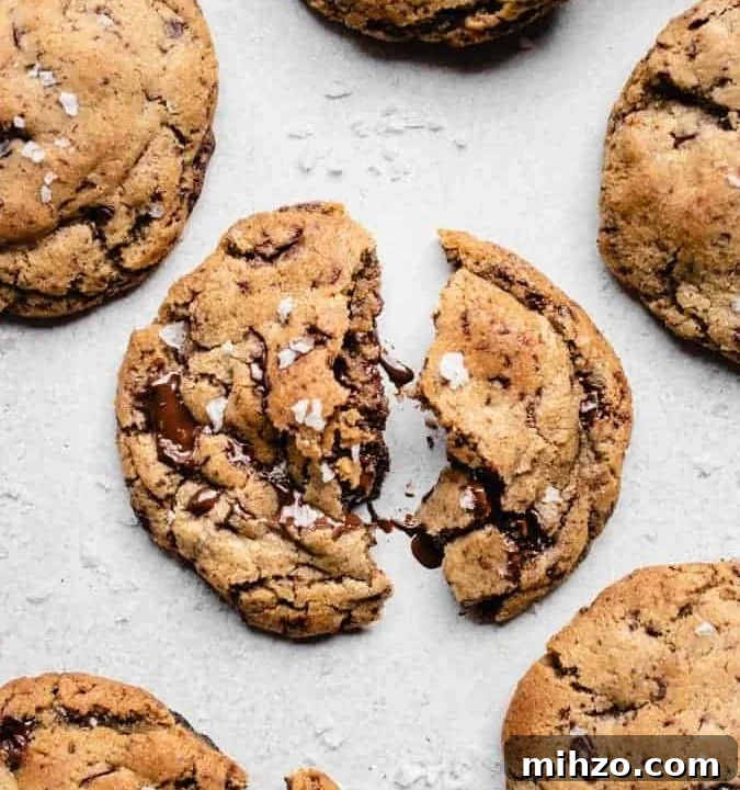 overhead of chocolate chunk cookies with melted chocolate