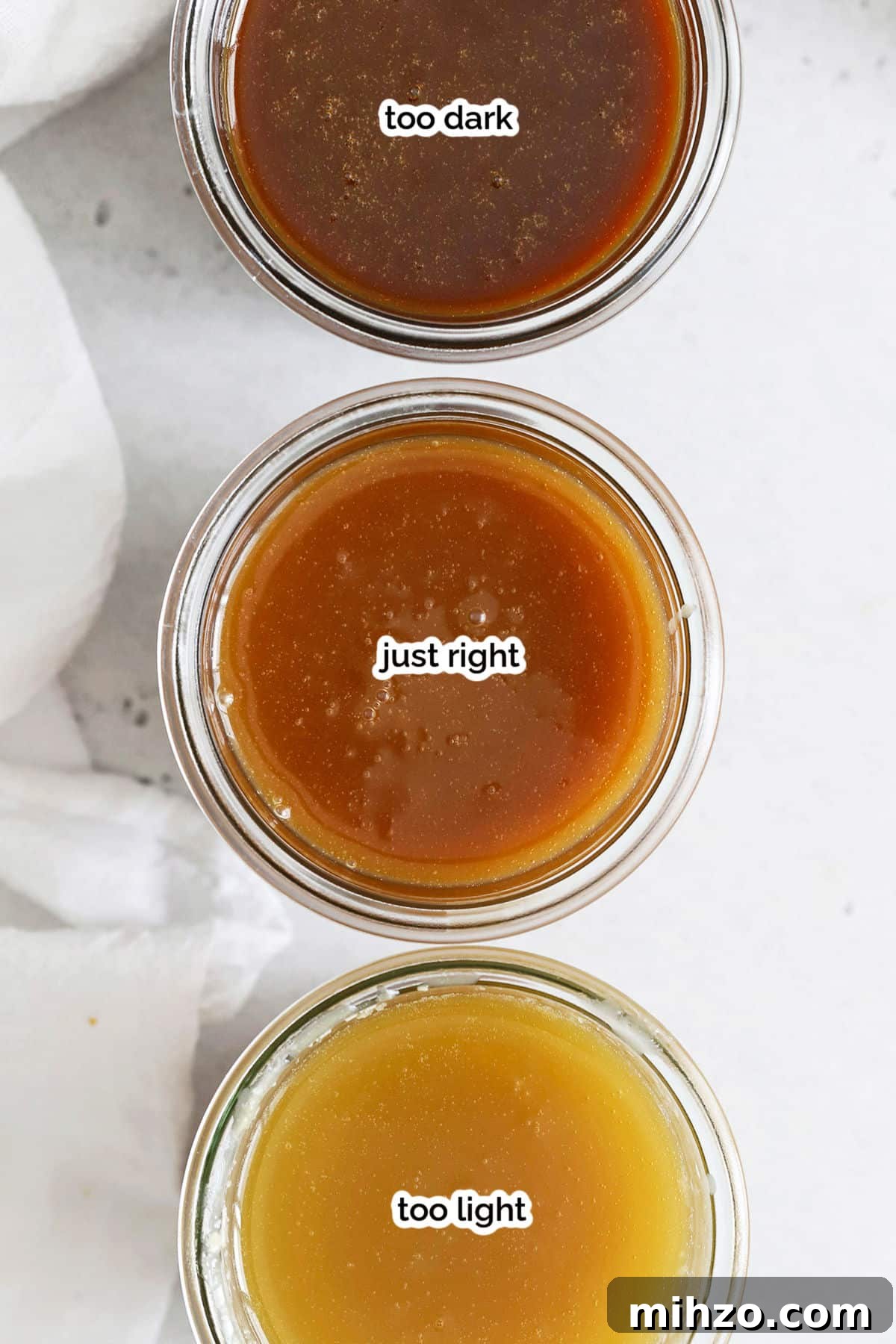 Homemade Caramel Sauce Recipe: Smooth, Pourable & Quick 7 three jars of caramel sauce with different doneness-too dark, just right, and too light.
