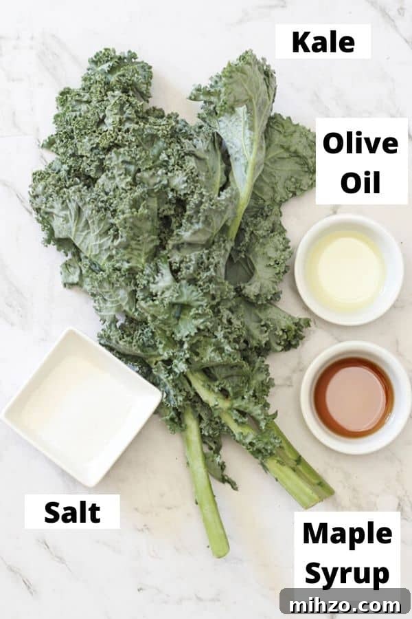 kale chips ingredients on a marble background.