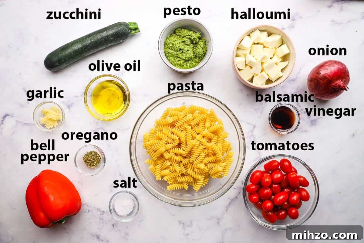 Creamy Halloumi Pasta with Cherry Tomatoes and Basil 3 Ingredients for halloumi pasta labelled.