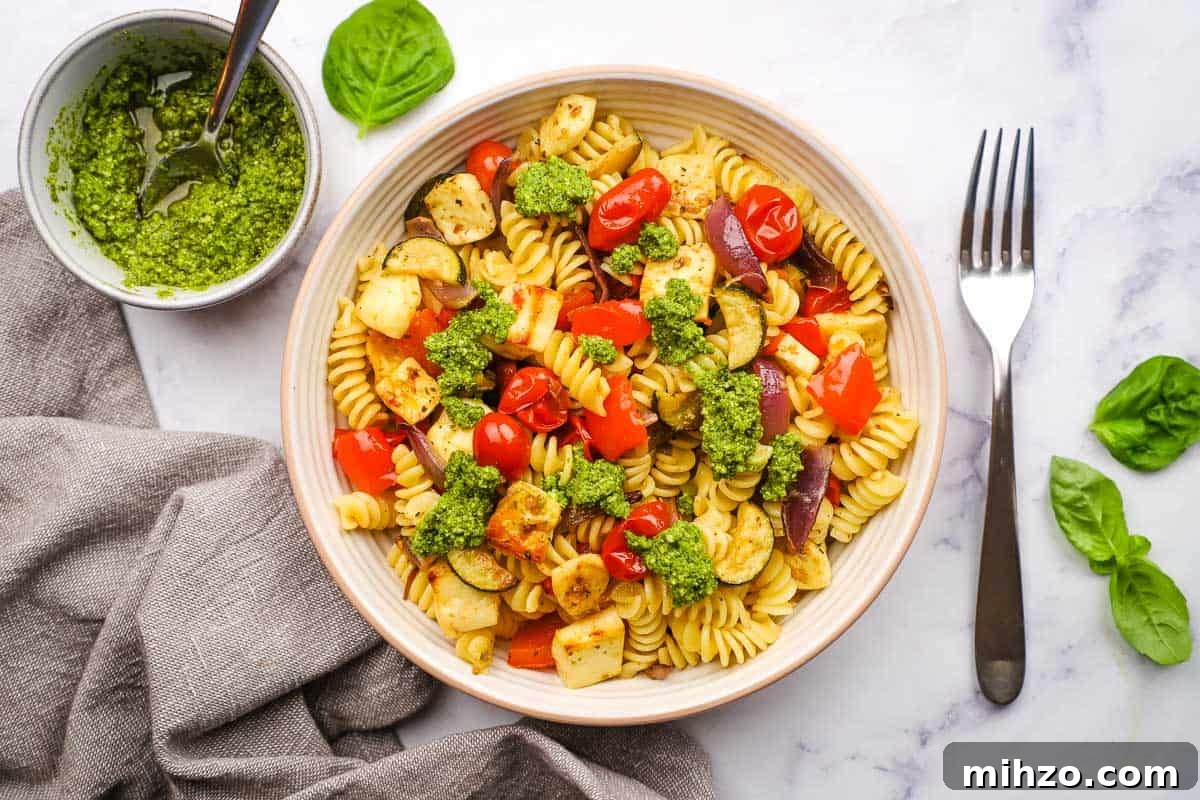 Creamy Halloumi Pasta with Cherry Tomatoes and Basil 4 Halloumi pasta plated.