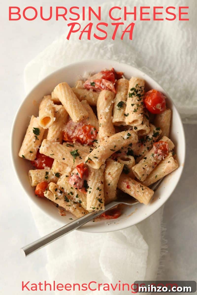 Boursin pasta in a bowl with tomatoes