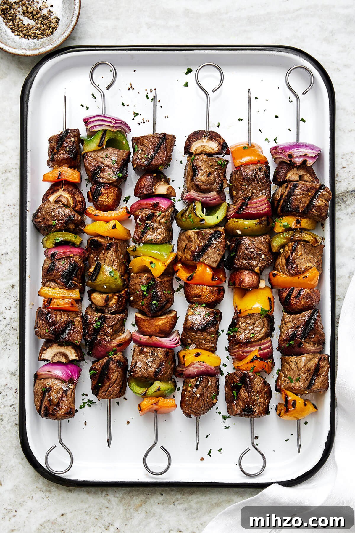 Beef shish kabobs on a tray