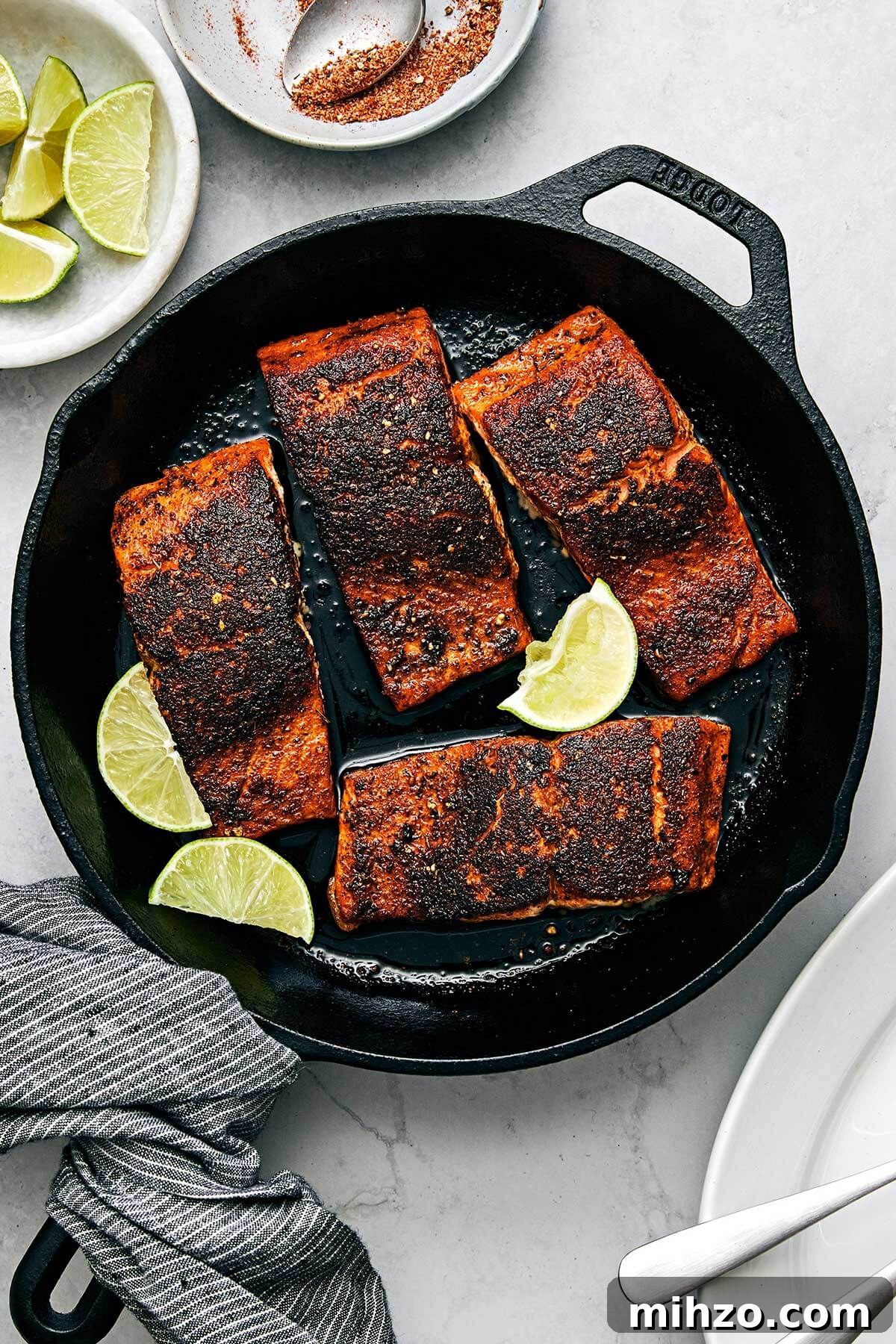 Blackened salmon in a skillet.
