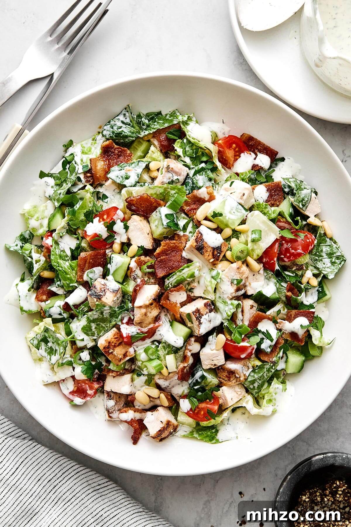 A bowl of chicken bacon ranch chopped salad.