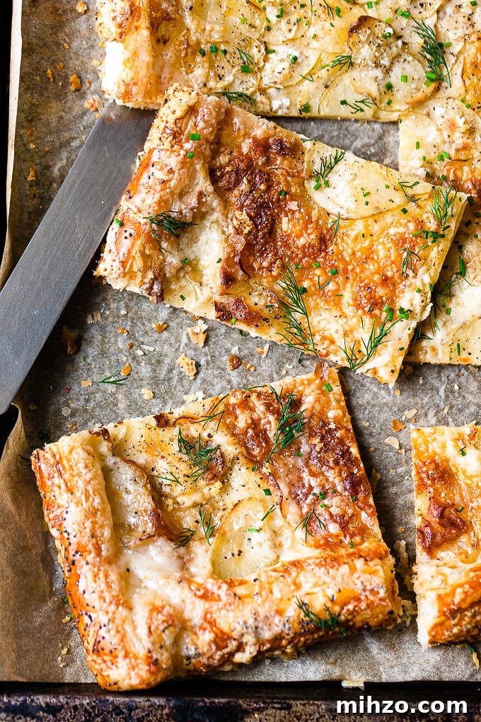 Crispy Potato and Cheese Puff Pastry Tart Recipe 3 Closeup of potato tart