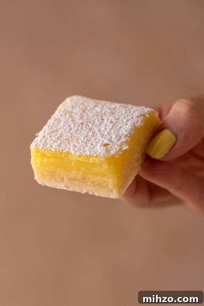 Small-Batch Lemon Bars Recipe: Perfect Citrus Dessert for Two 14 Small Batch Lemon Bars recipe held up by a hand