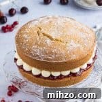 Vegan Victoria Sponge Cake Recipe for Light, Fluffy Layers 6 Vegan Victoria sponge cake filled with jam and buttercream on a glass cake stand on a grey background with cherries and redcurrants.