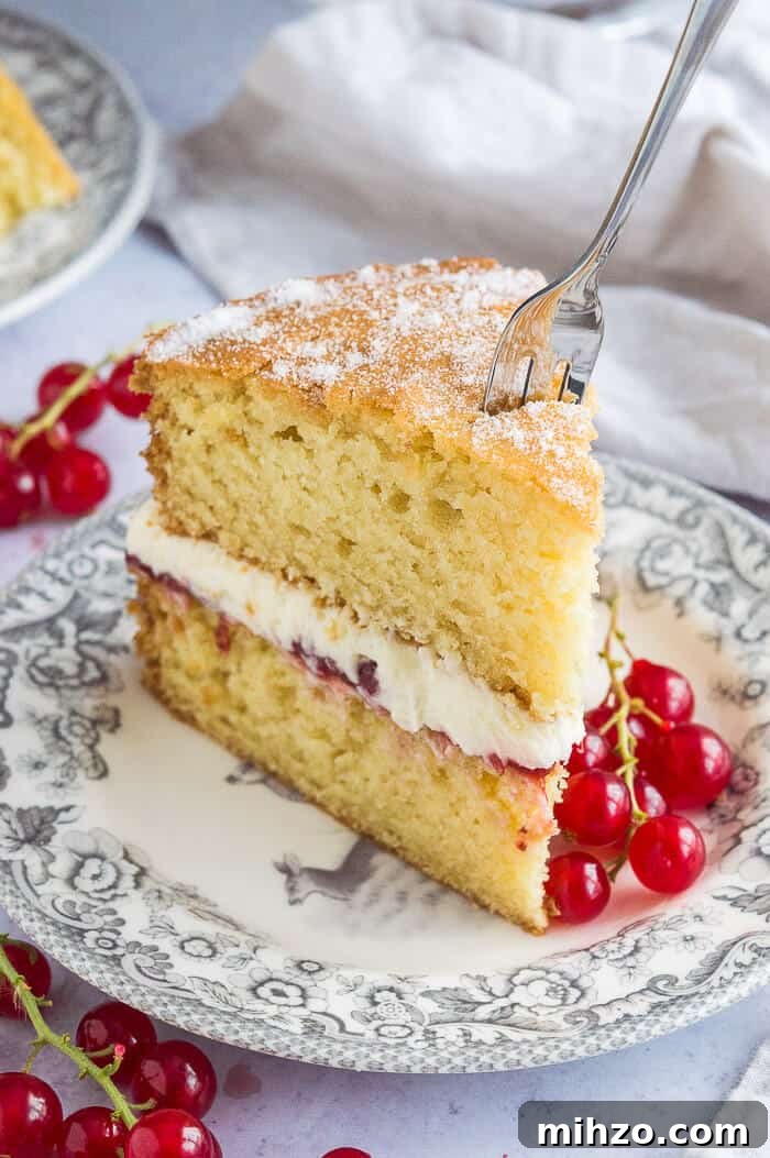 Slice of vegan Victoria sponge cake. A slice of vegan Victoria sponge cake on a grey patterned plate with a fork sticking in it.
