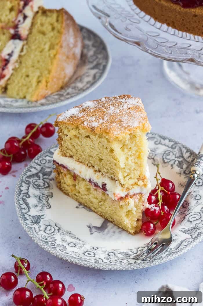 Vegan Victoria Sponge Cake Recipe for Light, Fluffy Layers 5 A slice of vegan Victoria sandwich on a grey patterned plate with a forkful removed.