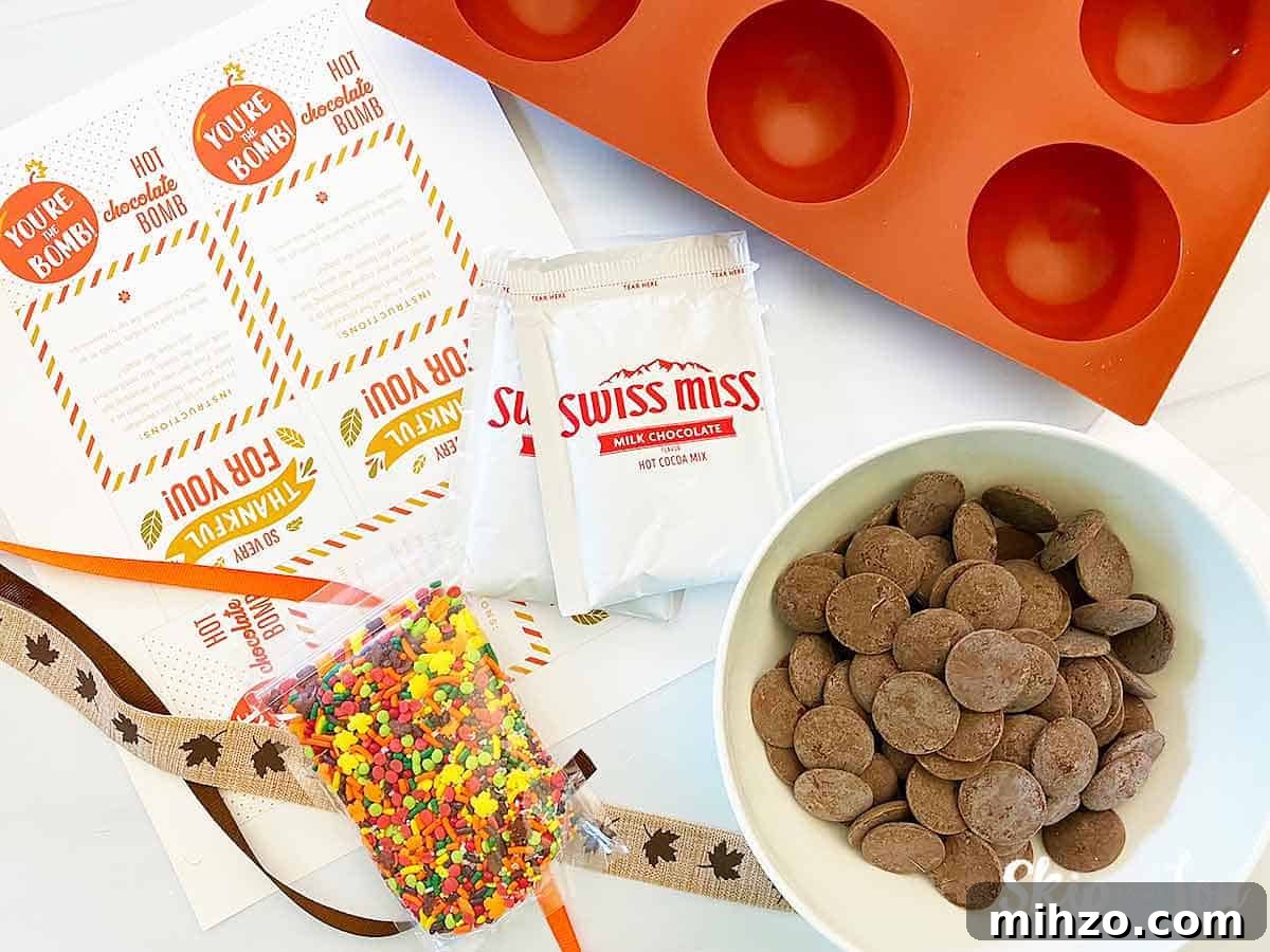 DIY Hot Cocoa Bombs with Free Printable Gift Tags 4 cocoa bomb supplies hot chocolate mix cocoa bomv mold sprinkles melting chocolate