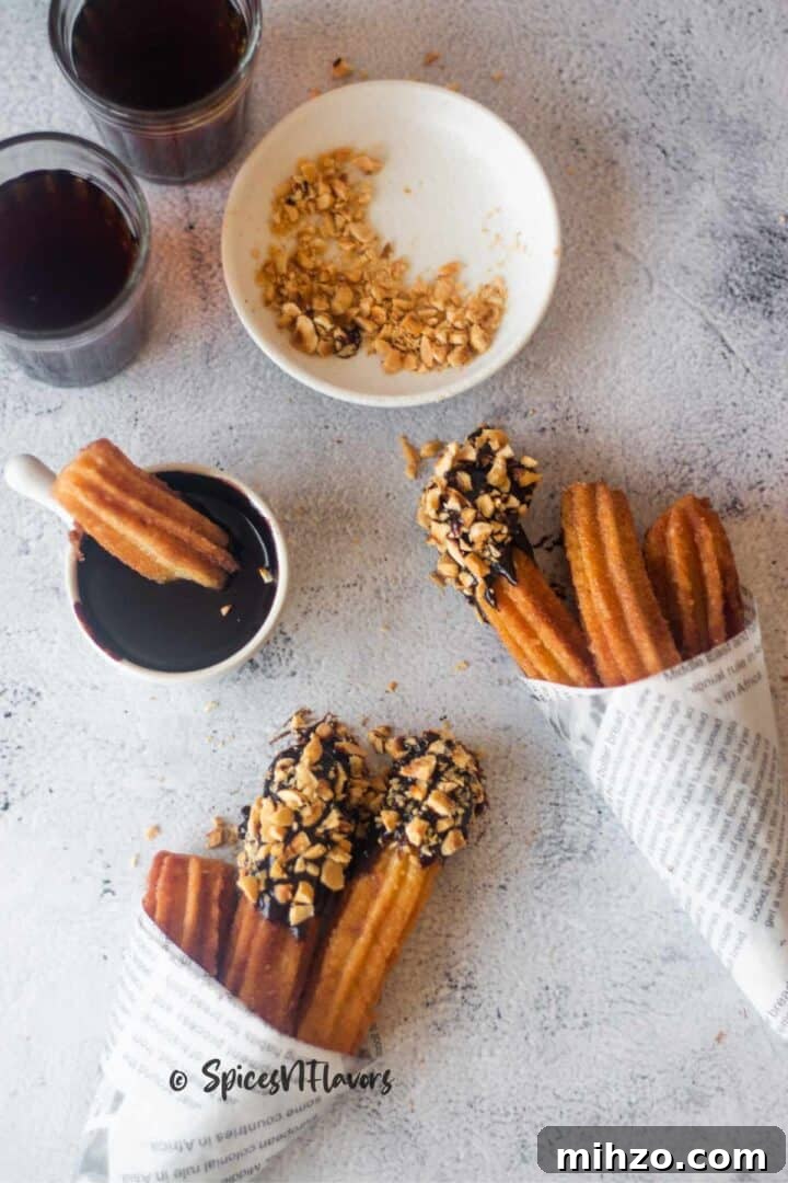 Crispy Eggless Churros Recipe: Step-by-Step Guide 7 nuts and chocolate covered cinnamon sugar churros placed in paper cones