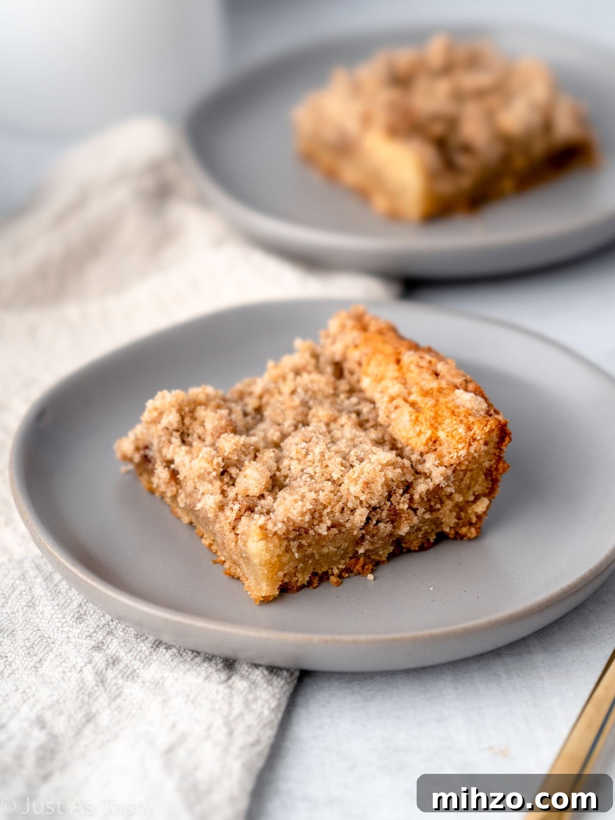 Eggless Coffee Cake with Cinnamon Streusel Topping 8 Slice of cinnamon streusel coffee cake on a grey plate.