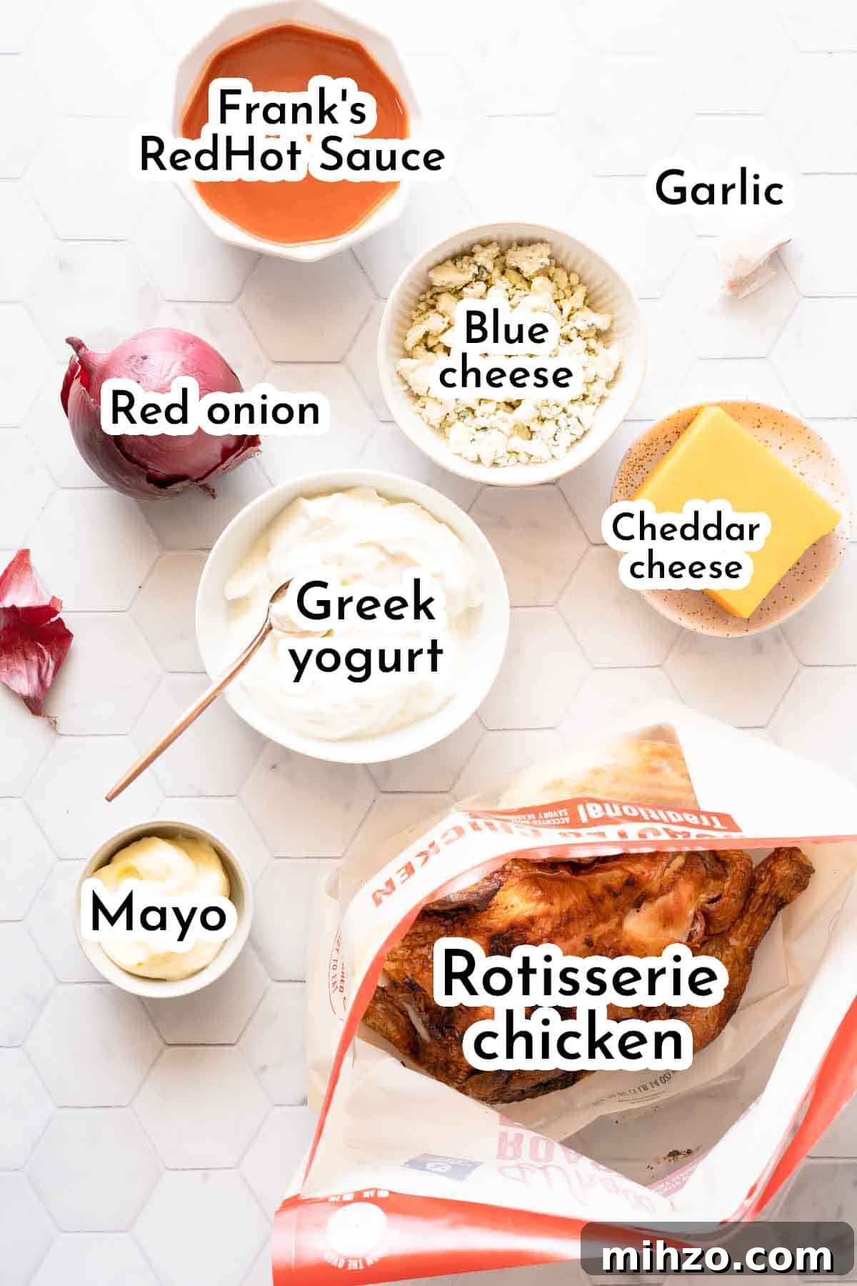 ingredients for recipe on white background with text labels.