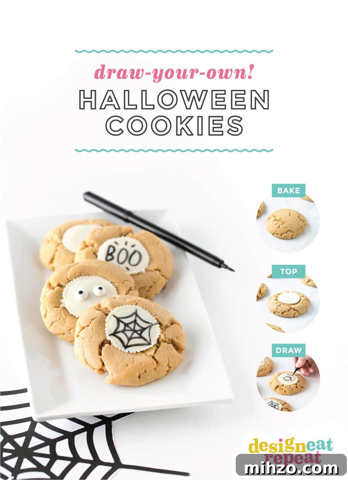 DIY Halloween Cookies: Draw Your Own Spooky Designs 2 White chocolate peanut butter cup cookie decorated for Halloween