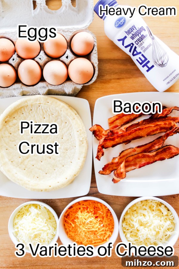 ingredients for breakfast pizza laid out with labels on wooden counter 