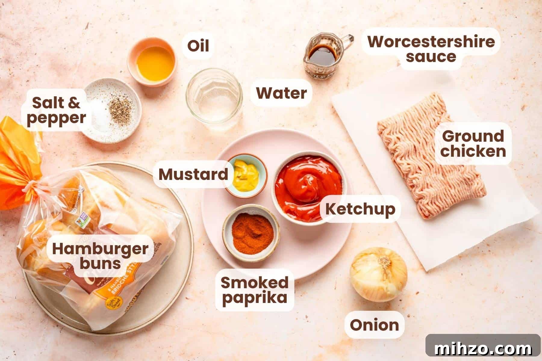 Ground Chicken Sloppy Joes with Tangy BBQ Sauce 3 ingredients for ground chicken sloppy Joes with text labels.