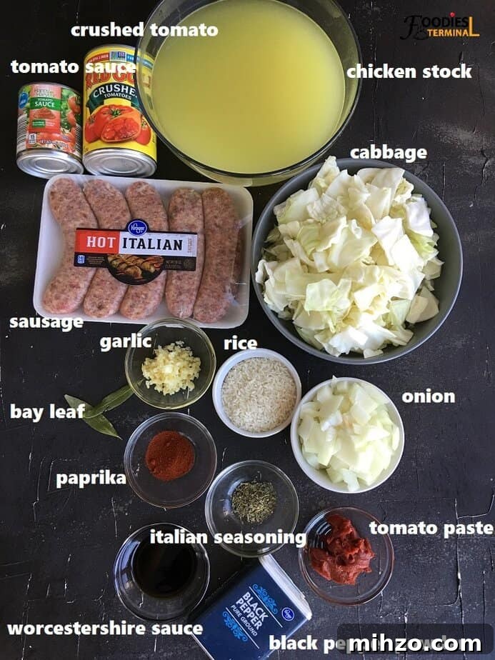 Instant Pot Unstuffed Cabbage Roll Soup Recipe 3 recipe ingredients on a black surface