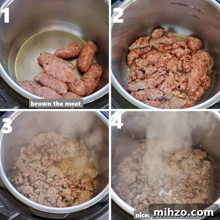 Instant Pot Unstuffed Cabbage Roll Soup Recipe 5 browning the ground pork sausage in instant pot