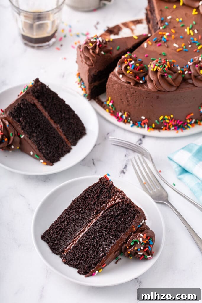 Classic Homemade Chocolate Cake Recipe 9 Chocolate cake frosted with chocolate buttercream and decorated with sprinkles next to two plates served with cake slices