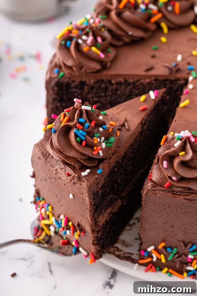 Classic Homemade Chocolate Cake Recipe 3 Chocolate cake slice getting served with a cake server