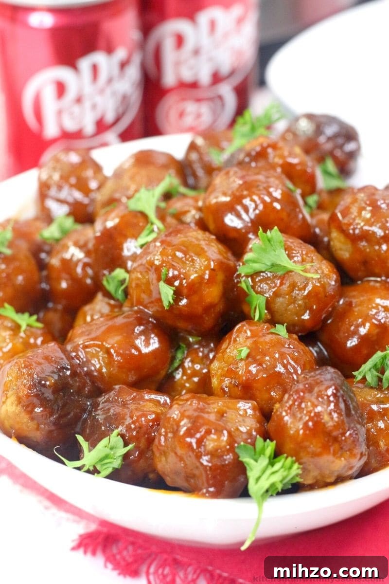 Dr Pepper-Glazed Meatballs with Sweet BBQ Sauce 2 Dr Pepper Instant Pot Meatballs in a white bowl