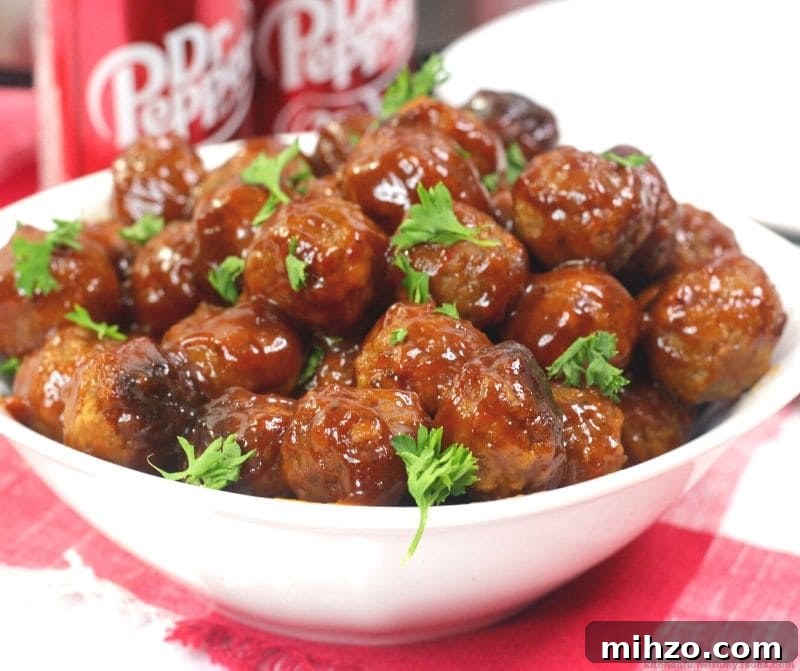 Dr Pepper-Glazed Meatballs with Sweet BBQ Sauce 3 Dr Pepper Instant Pot Meatballs in a white bowl