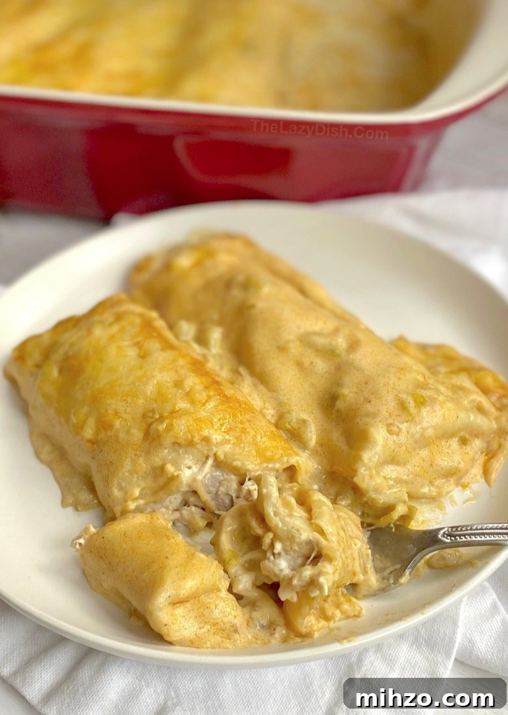Creamy White Chicken Enchiladas Recipe 6 Easy Creamy White Chicken Enchiladas -- A super yummy last minute dinner recipe! My family and kids love this quick and easy meal, plus it's cheap and easy to make thanks to rotisserie chicken.
