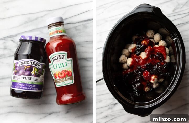 Sweet and Tangy Grape Jelly Meatballs 3 adding frozen meatballs, heinz chili sauce, and smuckers grape jelly to a crockpot