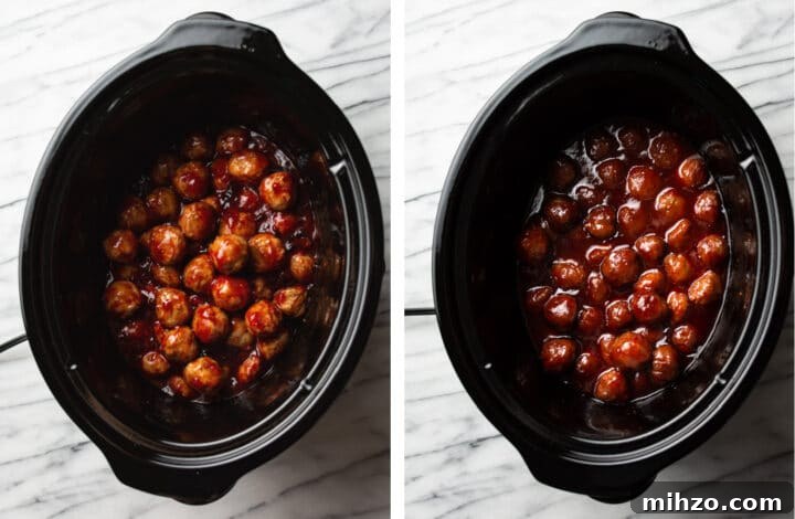 Sweet and Tangy Grape Jelly Meatballs 4 grape jelly meatballs in a Crockpot before and after cooking
